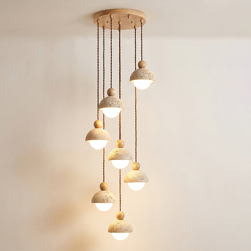 Travertine Pendant Light with Glass Globe and Wood Accent Kitchen Island