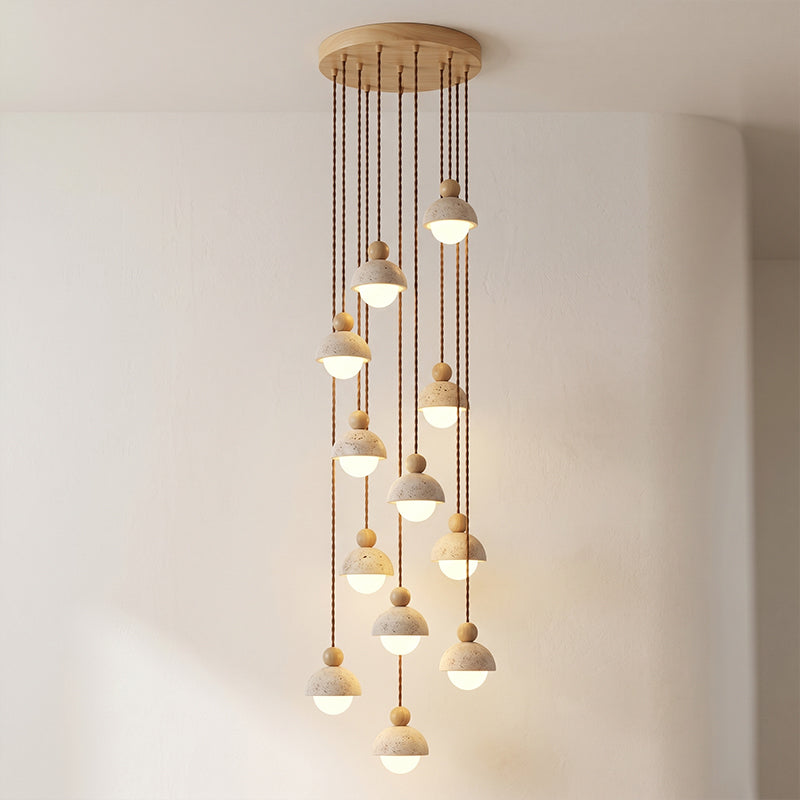 Travertine Pendant Light with Glass Globe and Wood Accent Kitchen Island
