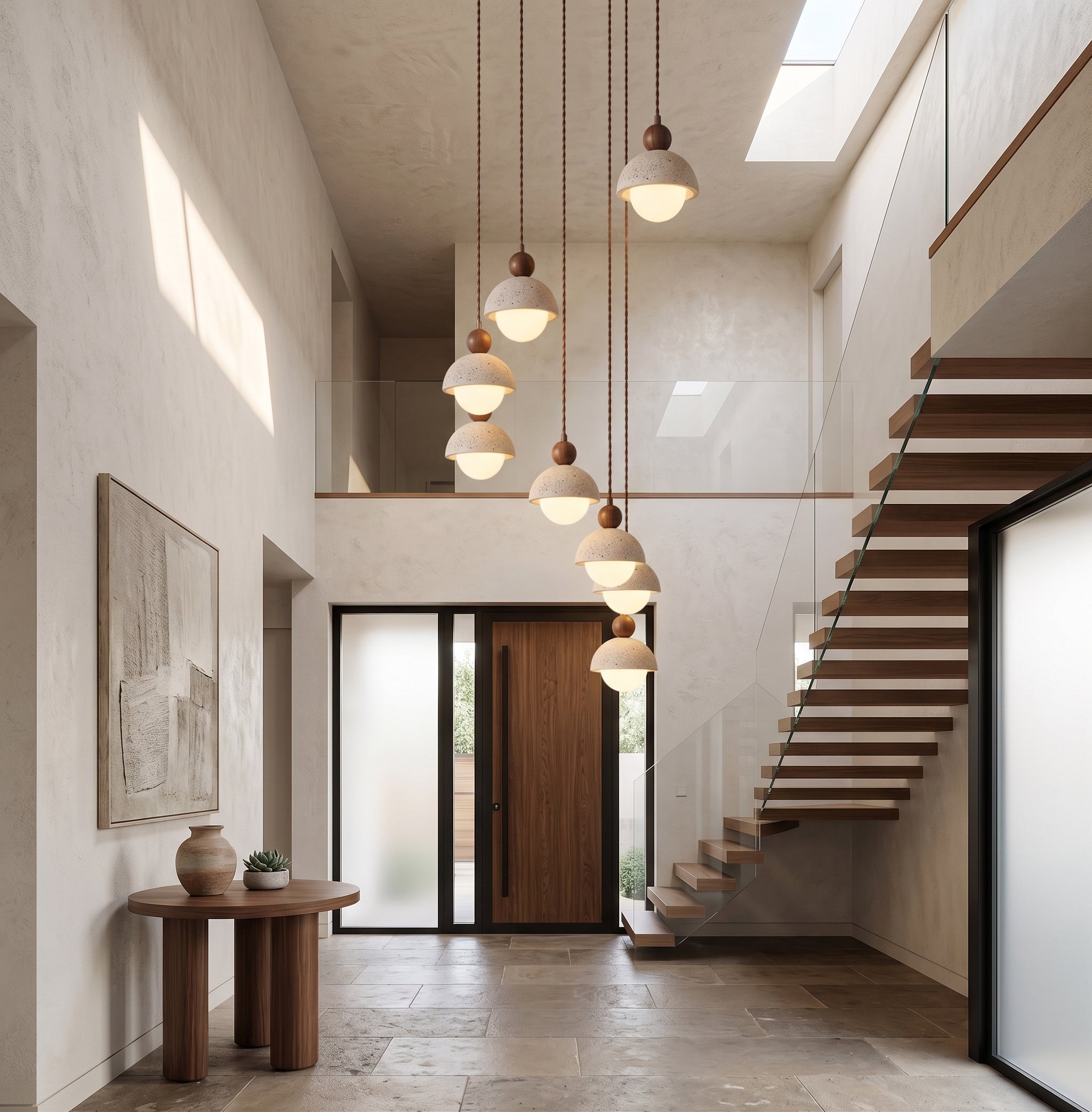 Travertine Pendant Light with Glass Globe and Wood Accent Kitchen Island