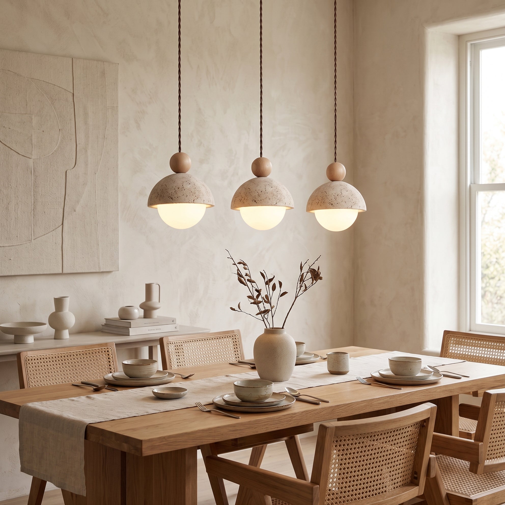 Travertine Pendant Light with Glass Globe and Wood Accent Kitchen Island