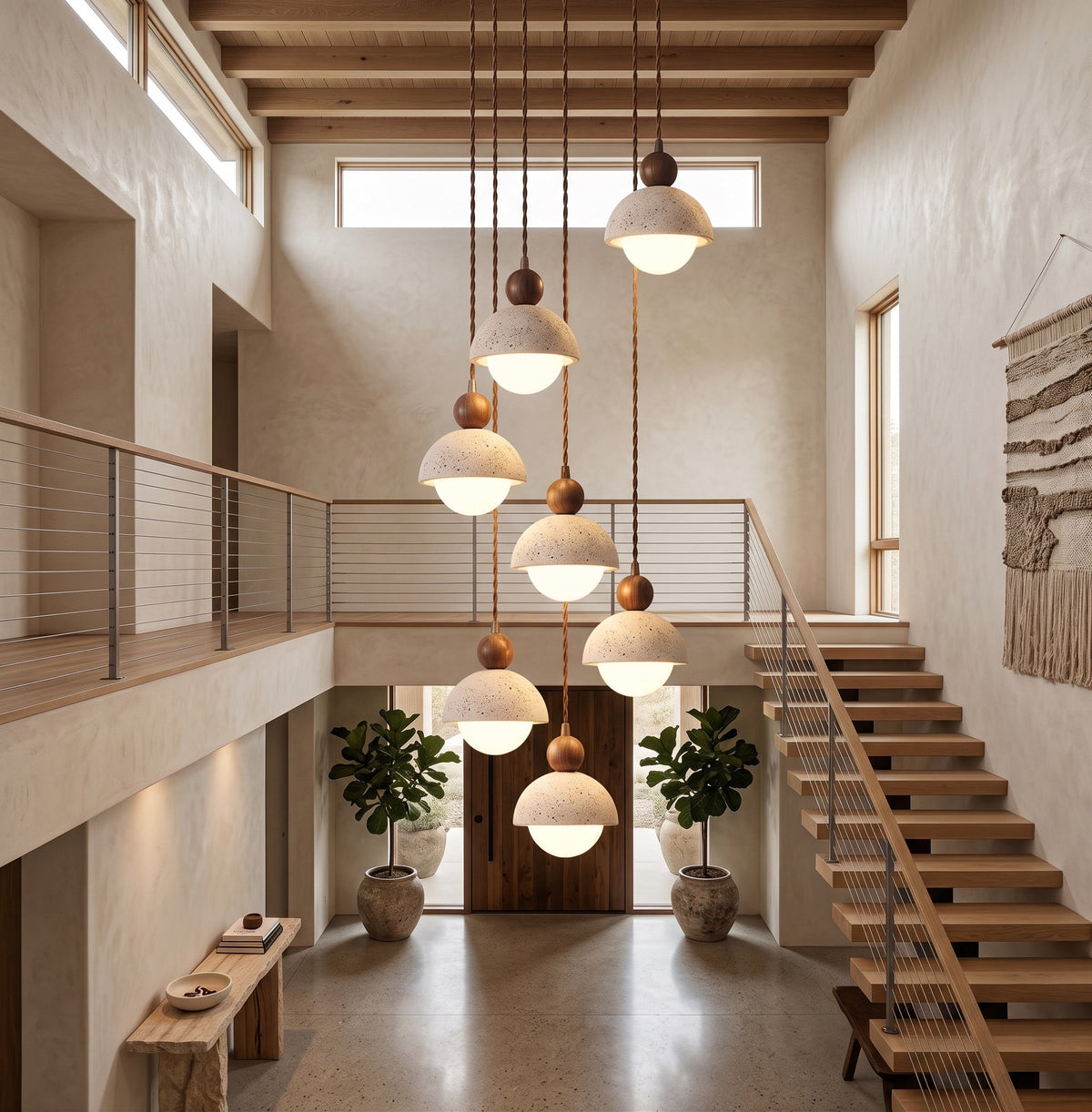 Travertine Pendant Light with Glass Globe and Wood Accent Kitchen Island