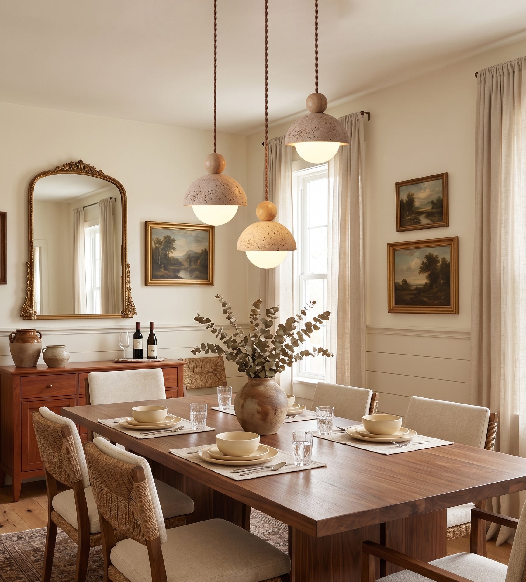 Travertine Pendant Light with Glass Globe and Wood Accent Kitchen Island