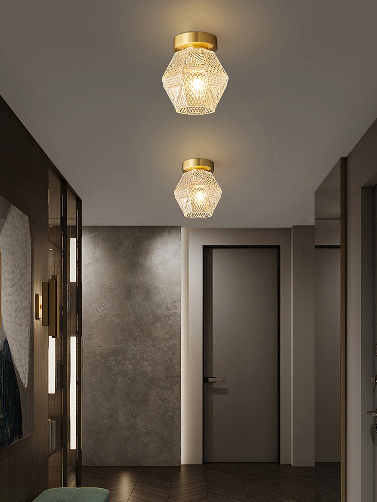 Art Deco Ceiling Light Diamond Cut Glass Brass Finish for Bedside