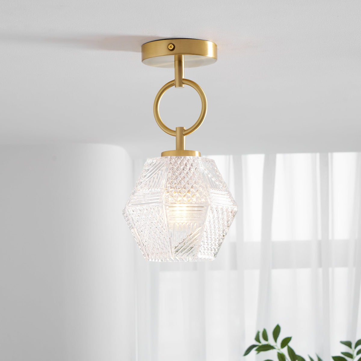 Art Deco Ceiling Light Diamond Cut Glass Brass Finish for Bedside