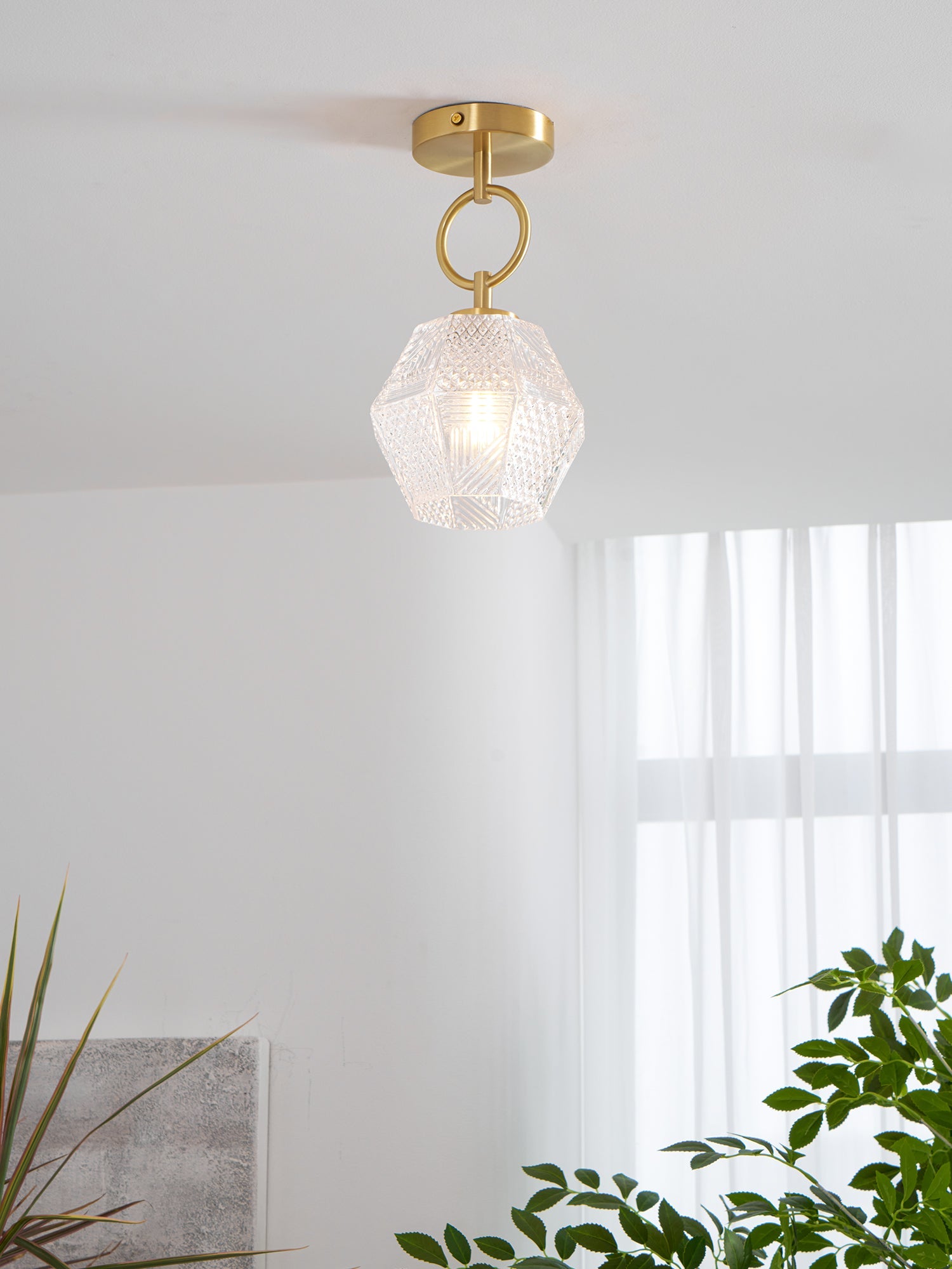 Art Deco Ceiling Light Diamond Cut Glass Brass Finish for Bedside