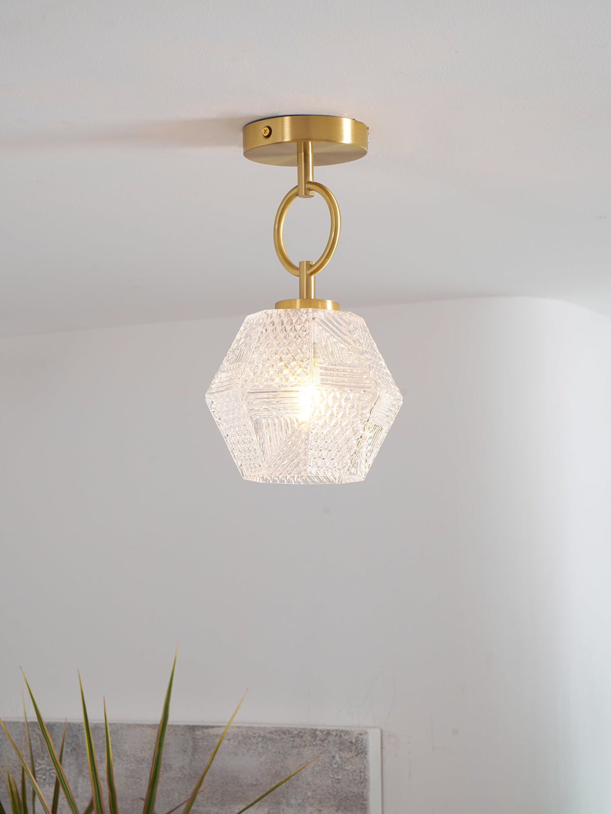 Art Deco Ceiling Light Diamond Cut Glass Brass Finish for Bedside