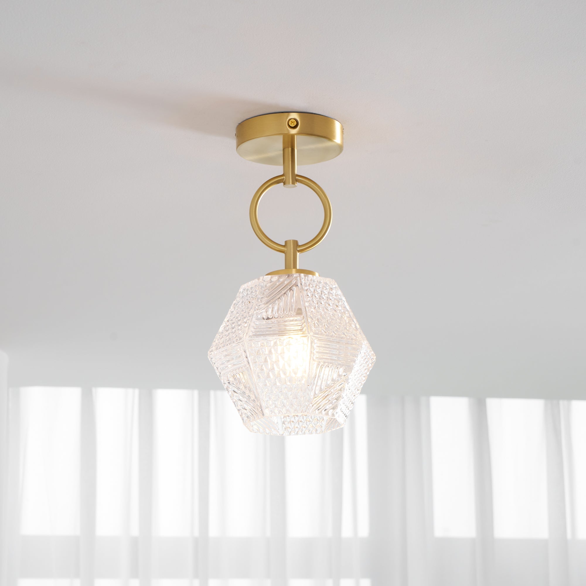 Art Deco Ceiling Light Diamond Cut Glass Brass Finish for Bedside