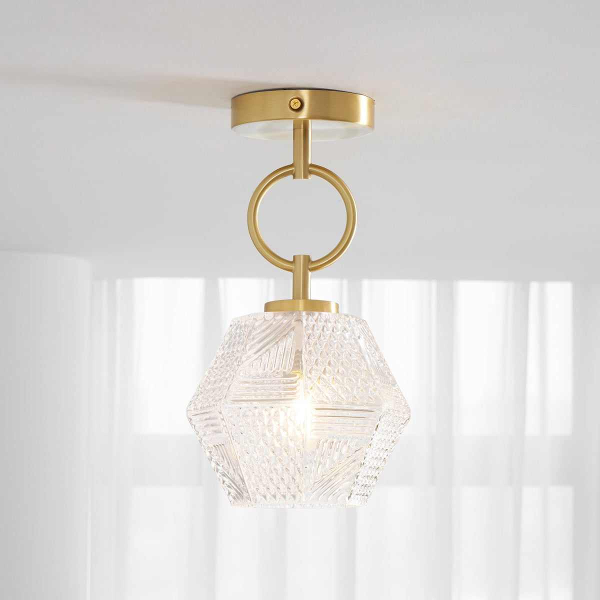 Art Deco Ceiling Light Diamond Cut Glass Brass Finish for Bedside