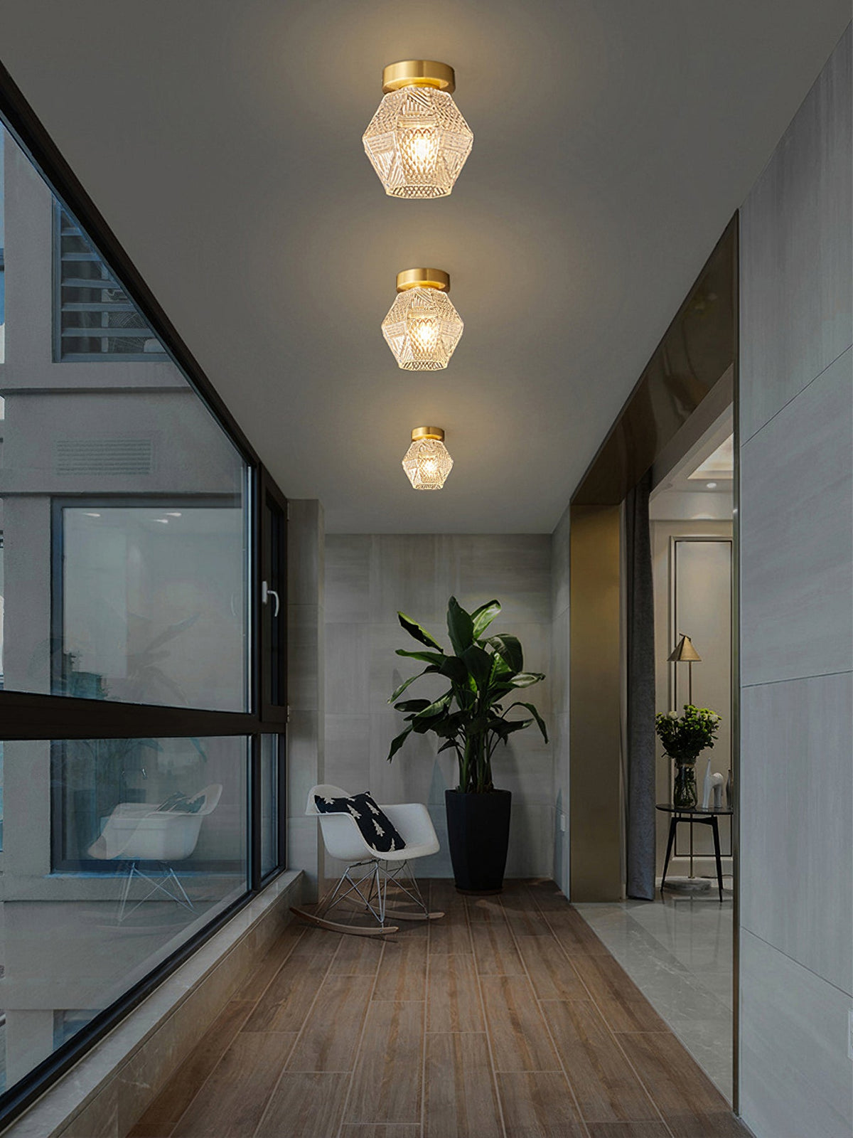 Art Deco Ceiling Light Diamond Cut Glass Brass Finish for Bedside
