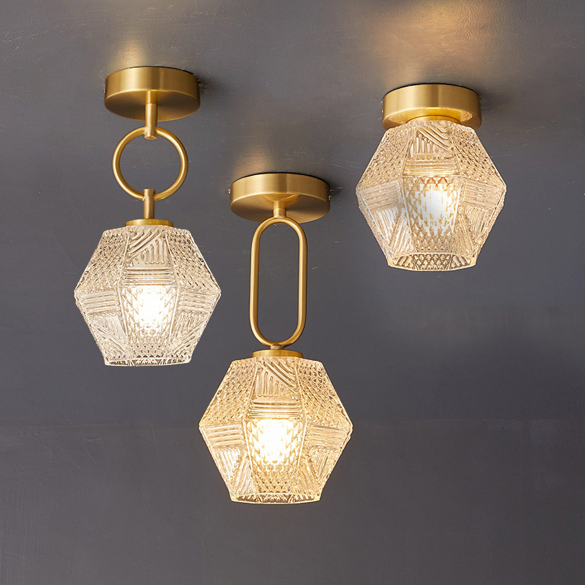Art Deco Ceiling Light Diamond Cut Glass Brass Finish for Bedside