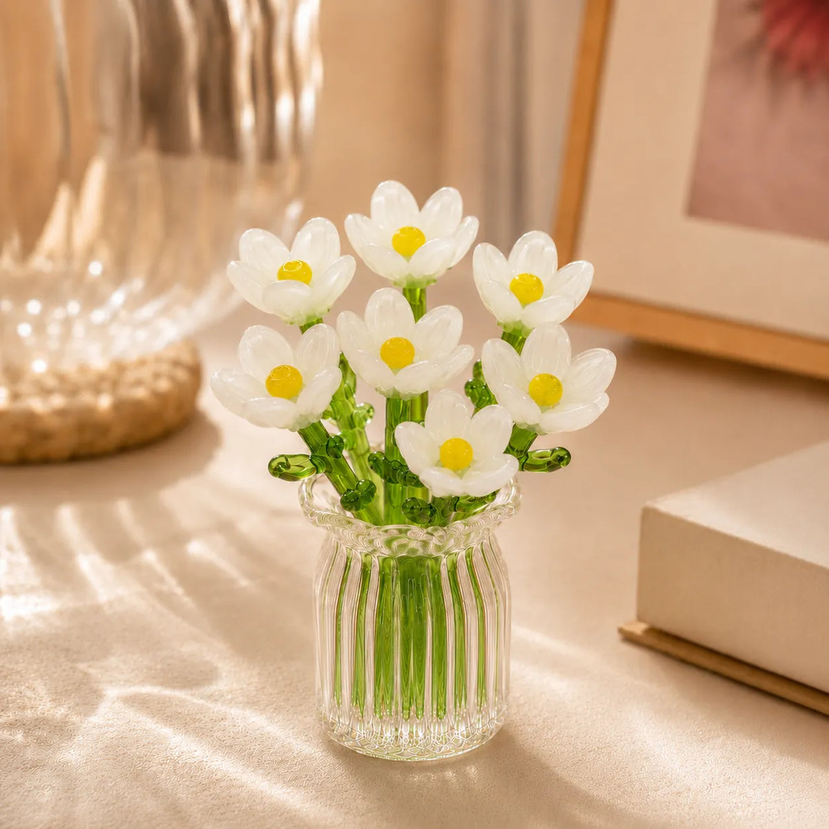 Hand-Blown Glass Flower Bouquet with Fluted Mini Vase