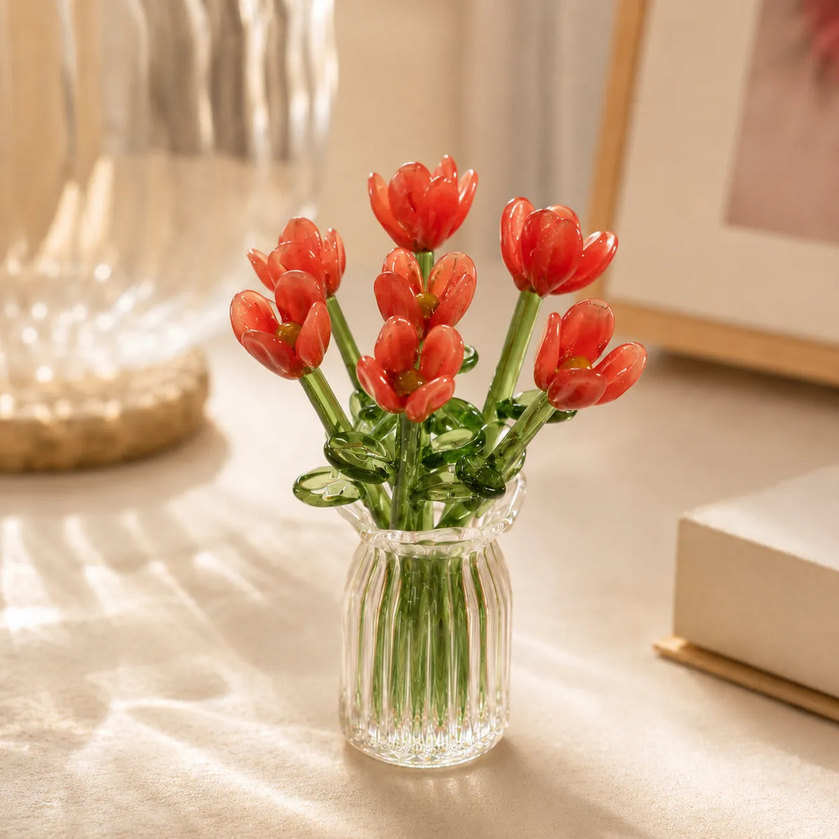 Hand-Blown Glass Flower Bouquet with Fluted Mini Vase