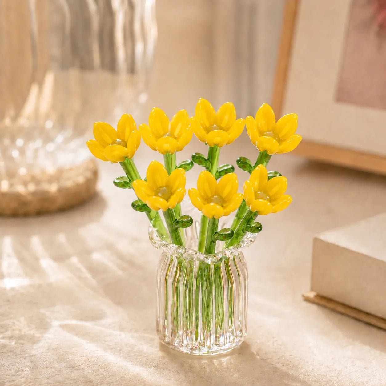 Hand-Blown Glass Flower Bouquet with Fluted Mini Vase
