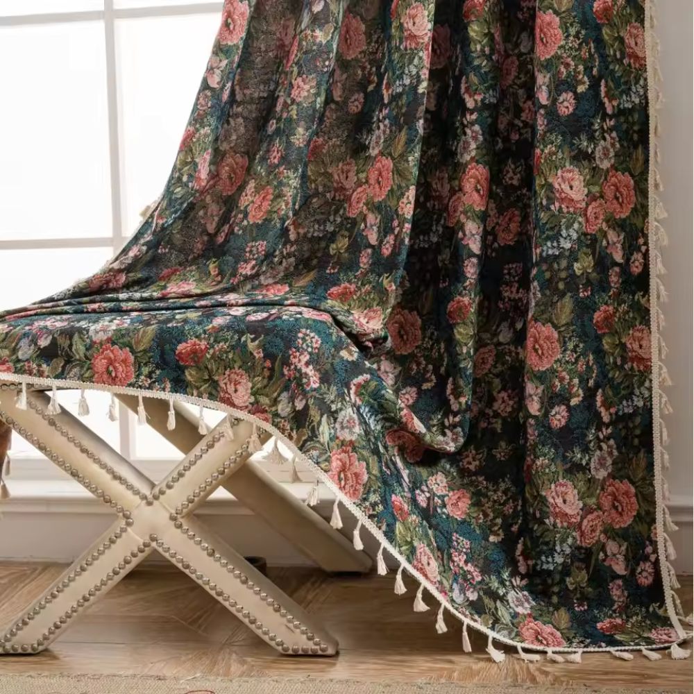 French Vintage Floral Curtain Panel Light Filtering Microfiber