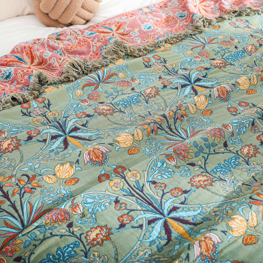 Cotton Bedspread Throw Heavyweight Jacquard Floral Fringed