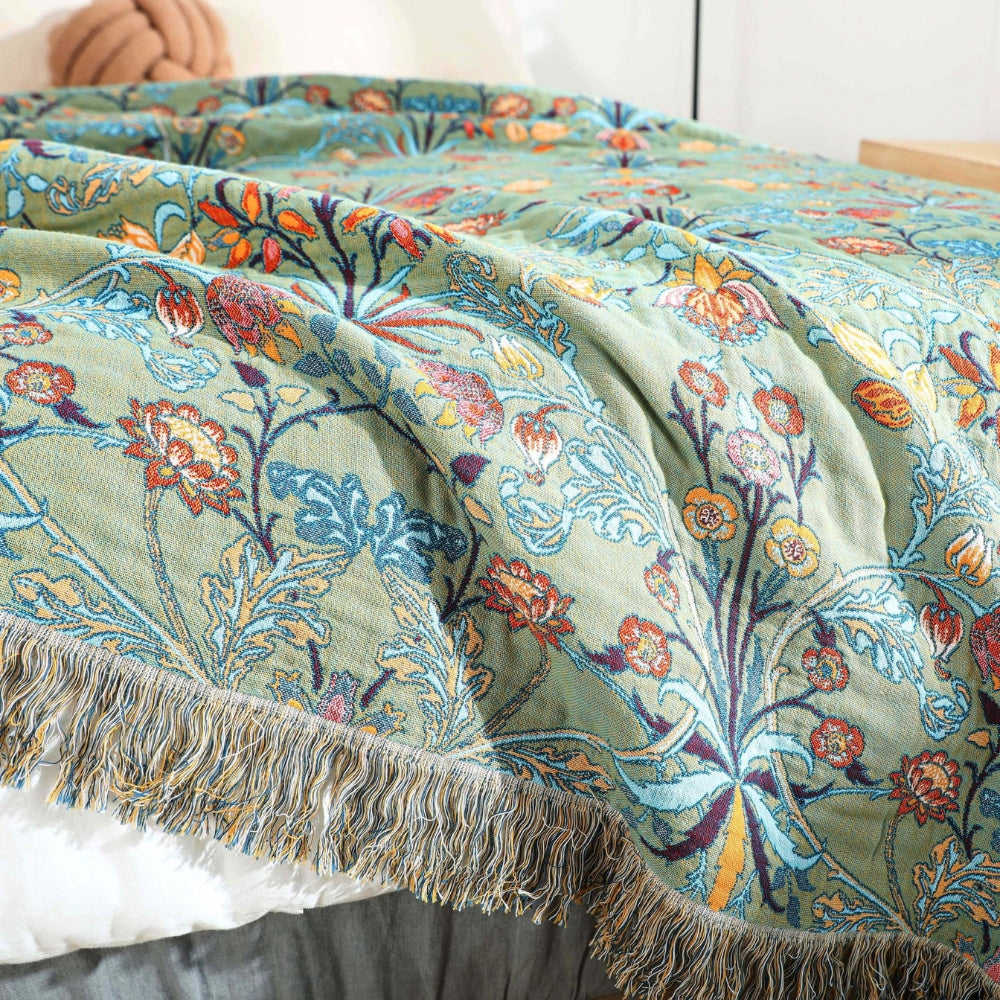 Cotton Bedspread Throw Heavyweight Jacquard Floral Fringed