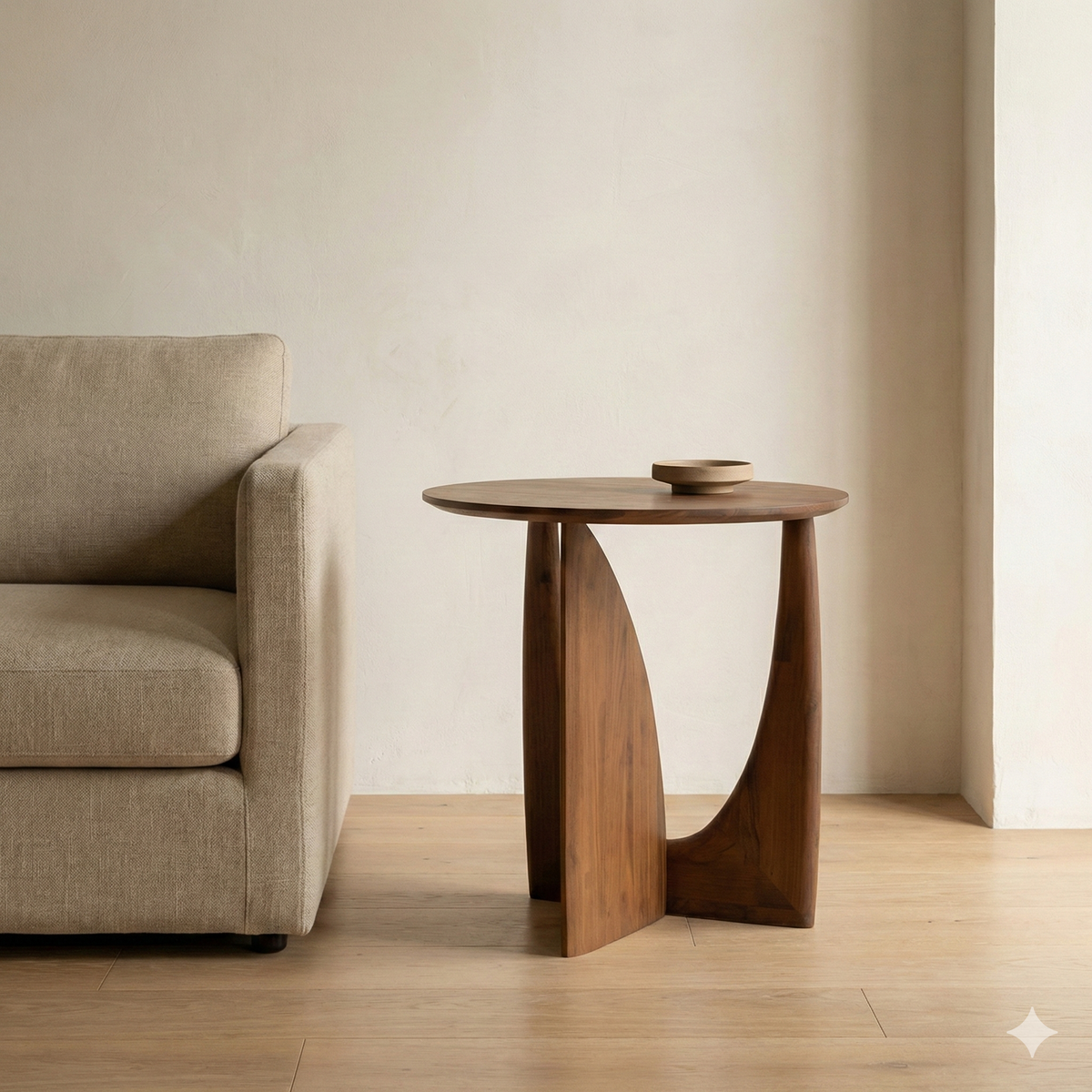 Round Solid Wood Side Table with Sculpted Geometric Base