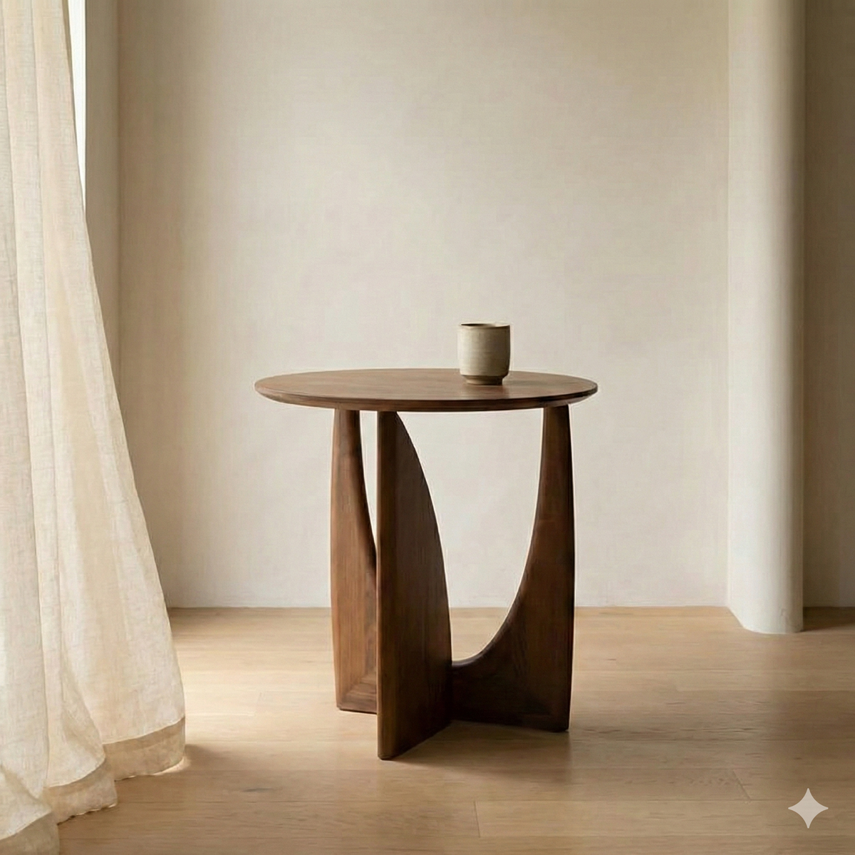 Round Solid Wood Side Table with Sculpted Geometric Base