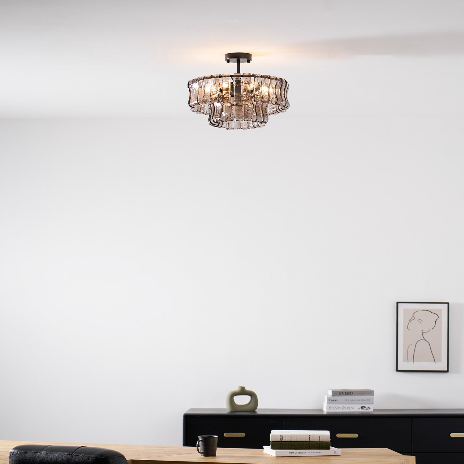 Sculptural Ice Glass Ceiling Light Hand Crafted Faceted Shades Foyer