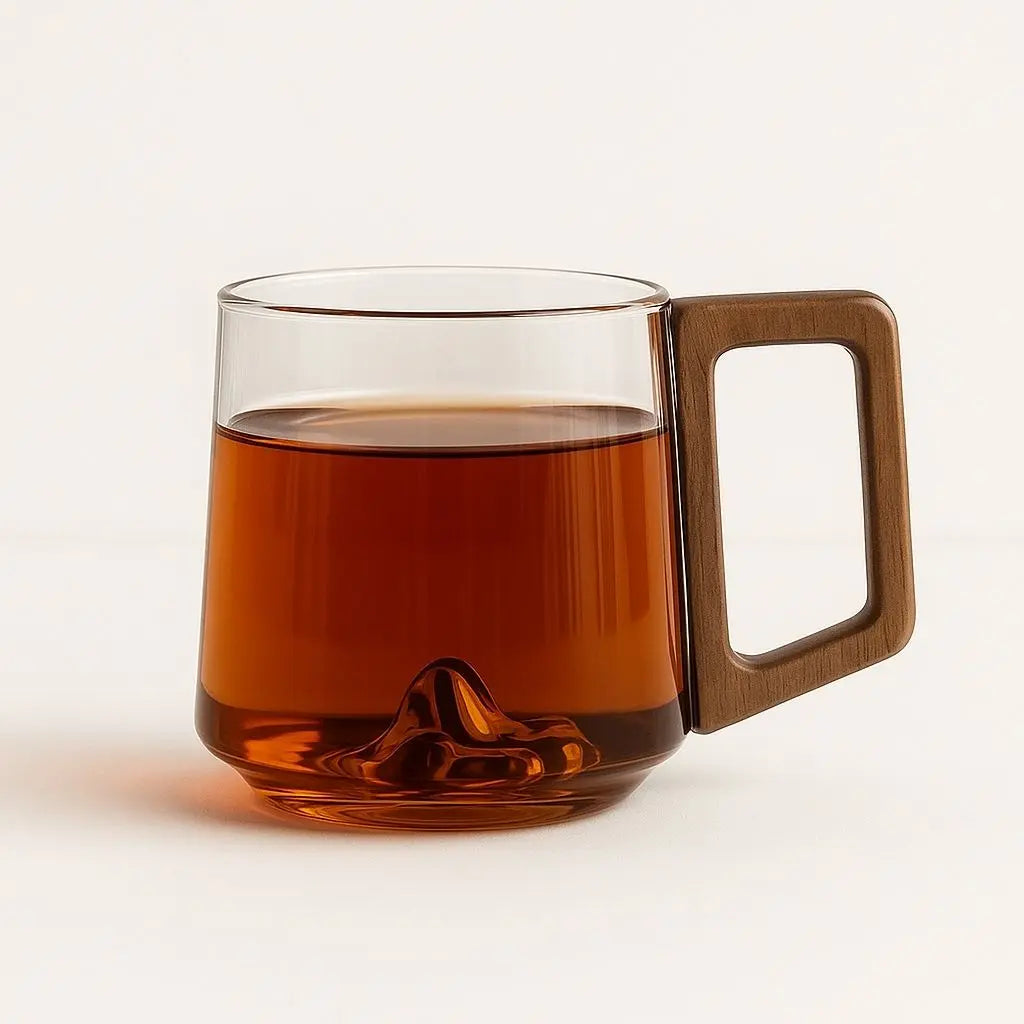 Borosilicate Glass Mug with Wooden Handle and Mountain Base