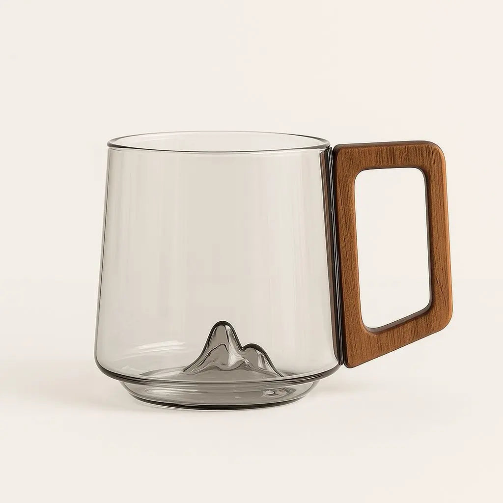 Borosilicate Glass Mug with Wooden Handle and Mountain Base