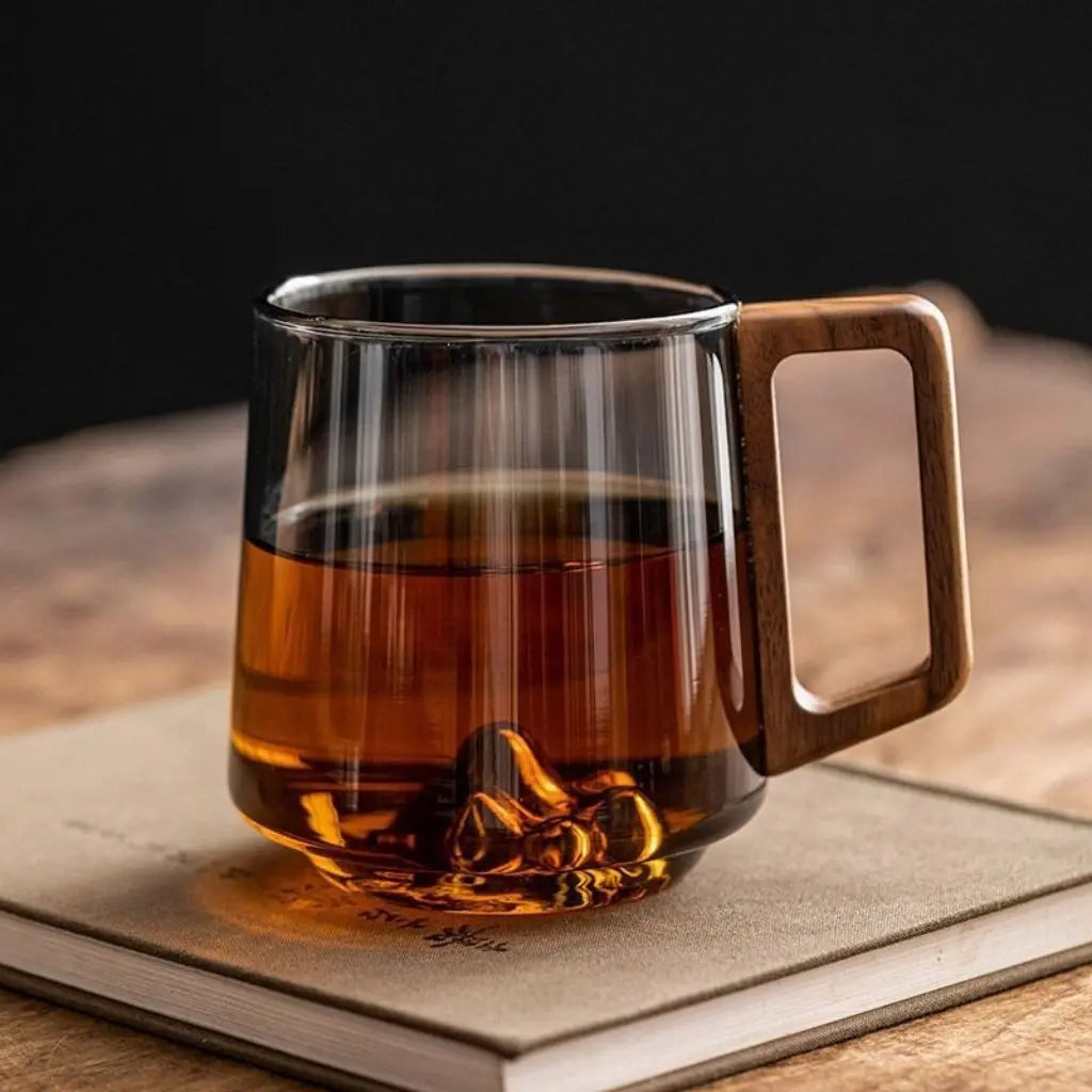 Borosilicate Glass Mug with Wooden Handle and Mountain Base