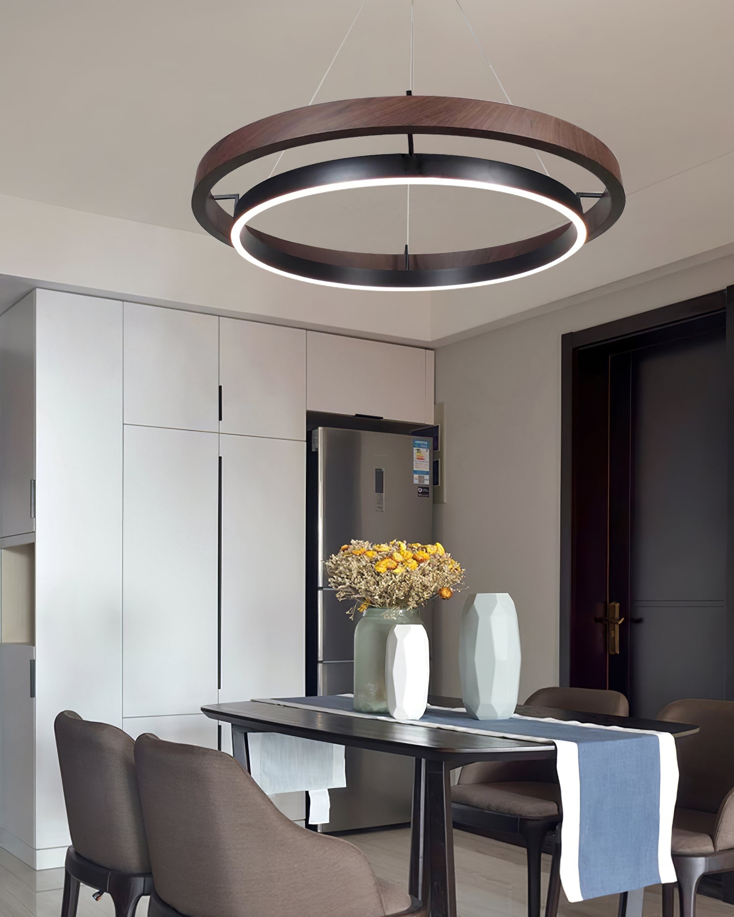 Double Ring LED Chandelier Walnut Finish Integrated Light Dining Room