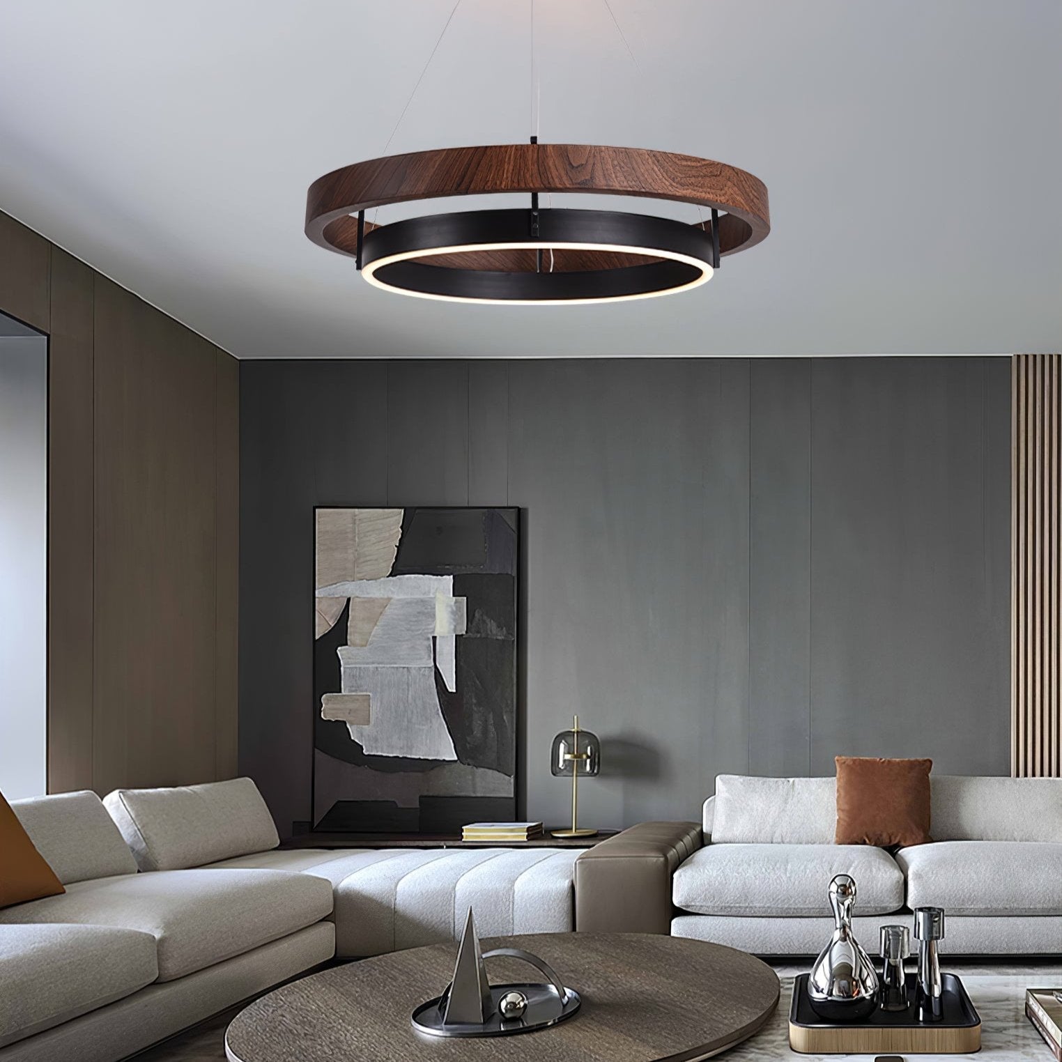 Double Ring LED Chandelier Walnut Finish Integrated Light Dining Room