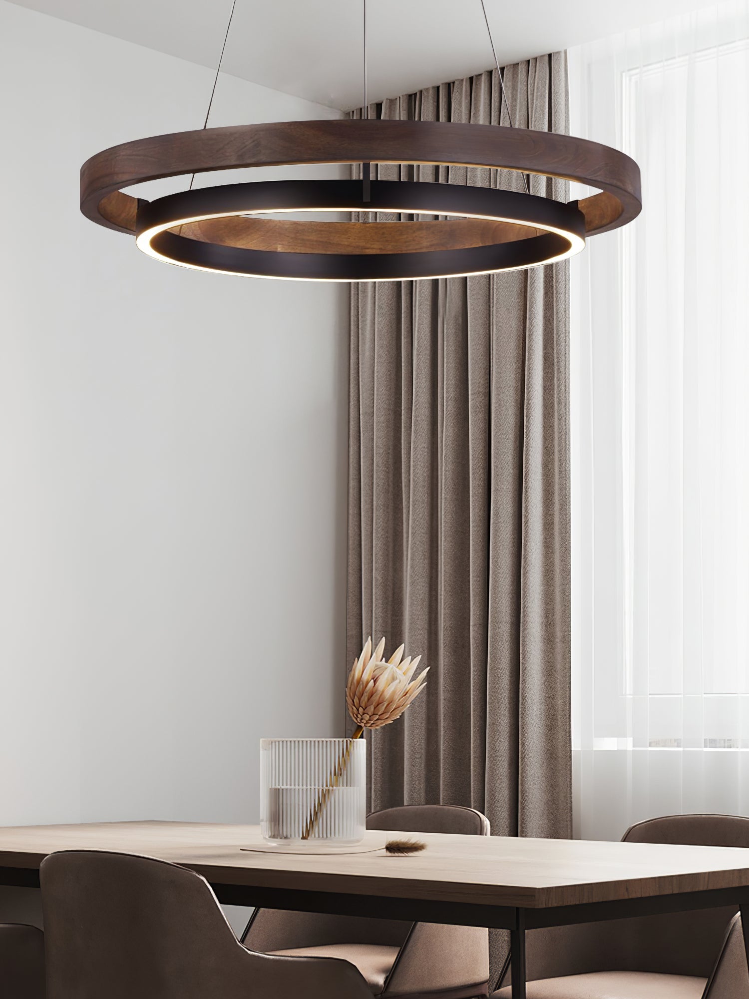 Double Ring LED Chandelier Walnut Finish Integrated Light Dining Room