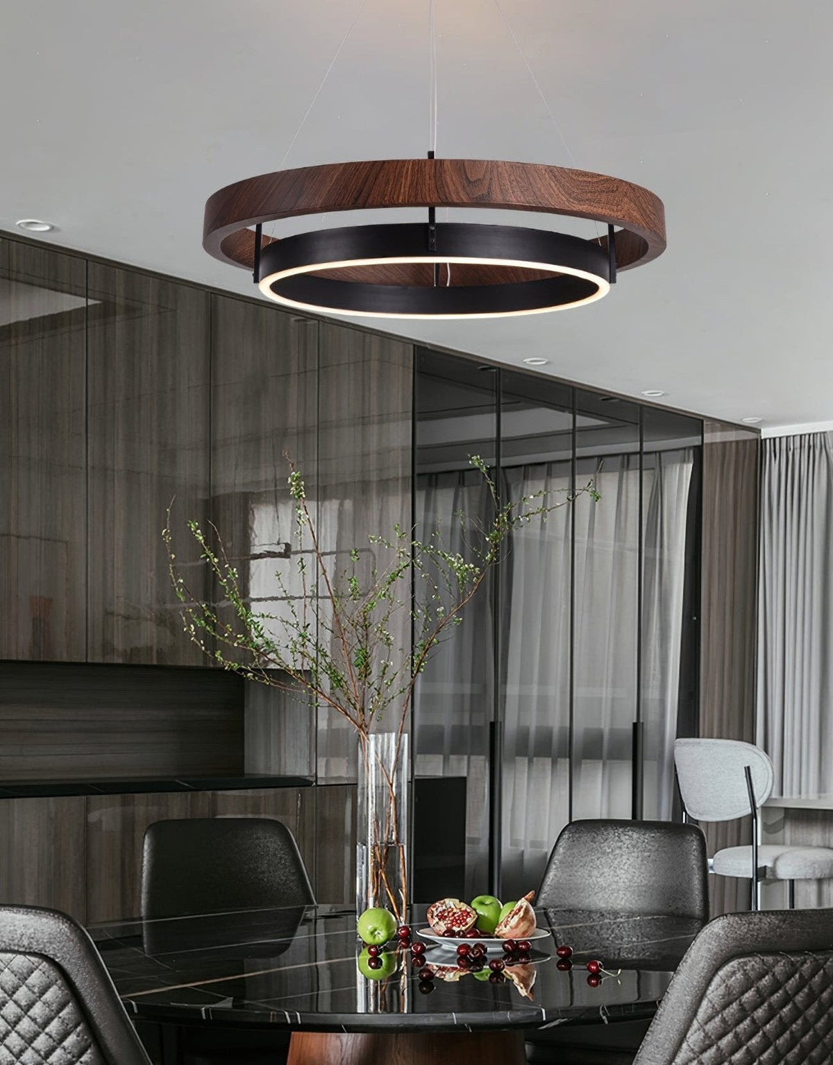 Double Ring LED Chandelier Walnut Finish Integrated Light Dining Room