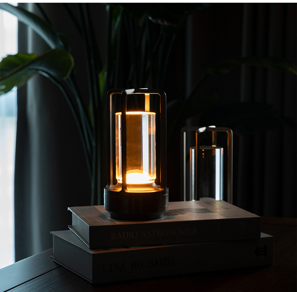 Cordless Table Lamp Lantern Style Metal Cage Dimmable for Patio and Dining