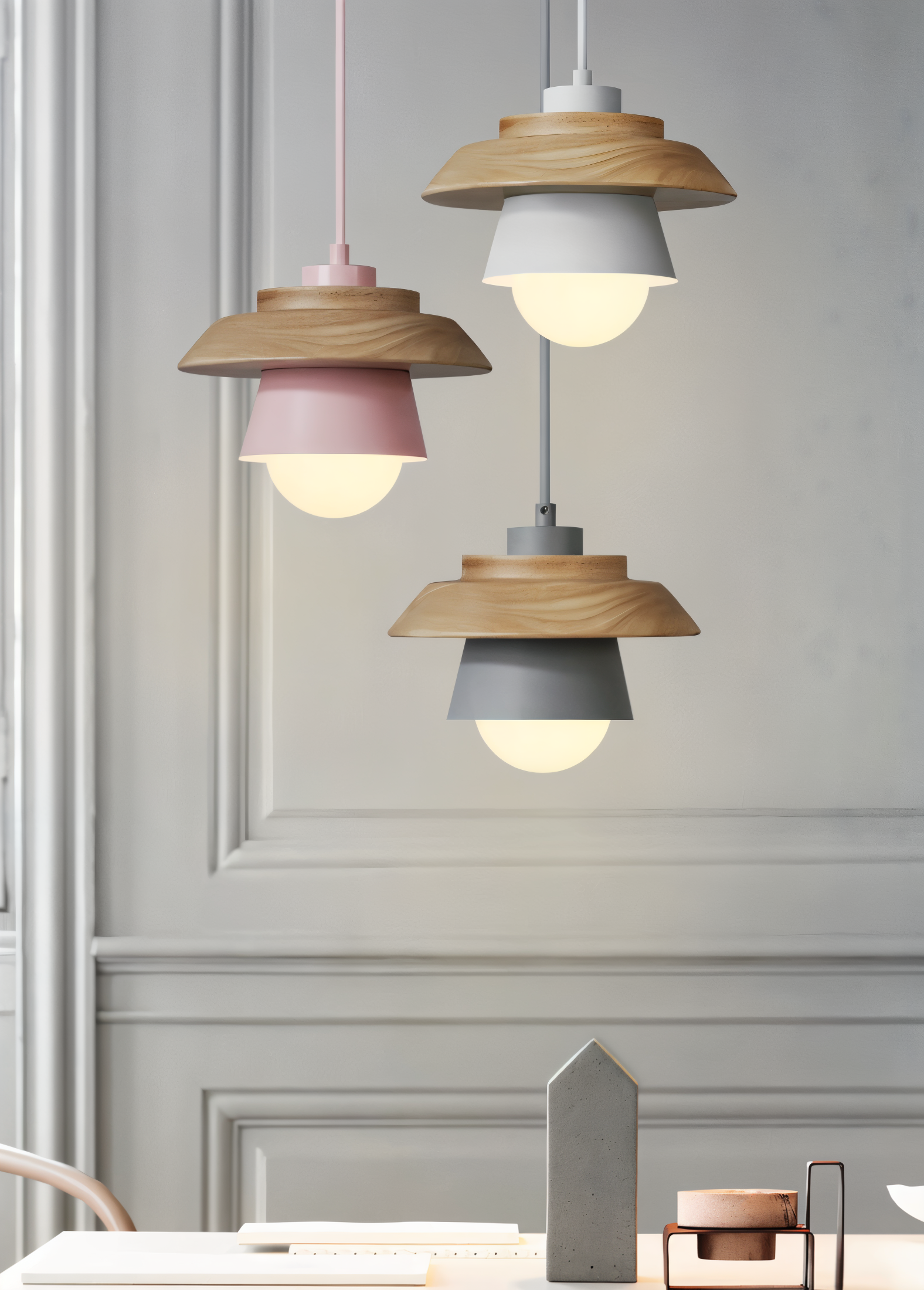 Hængende lagdelt loftslampe med træskærm