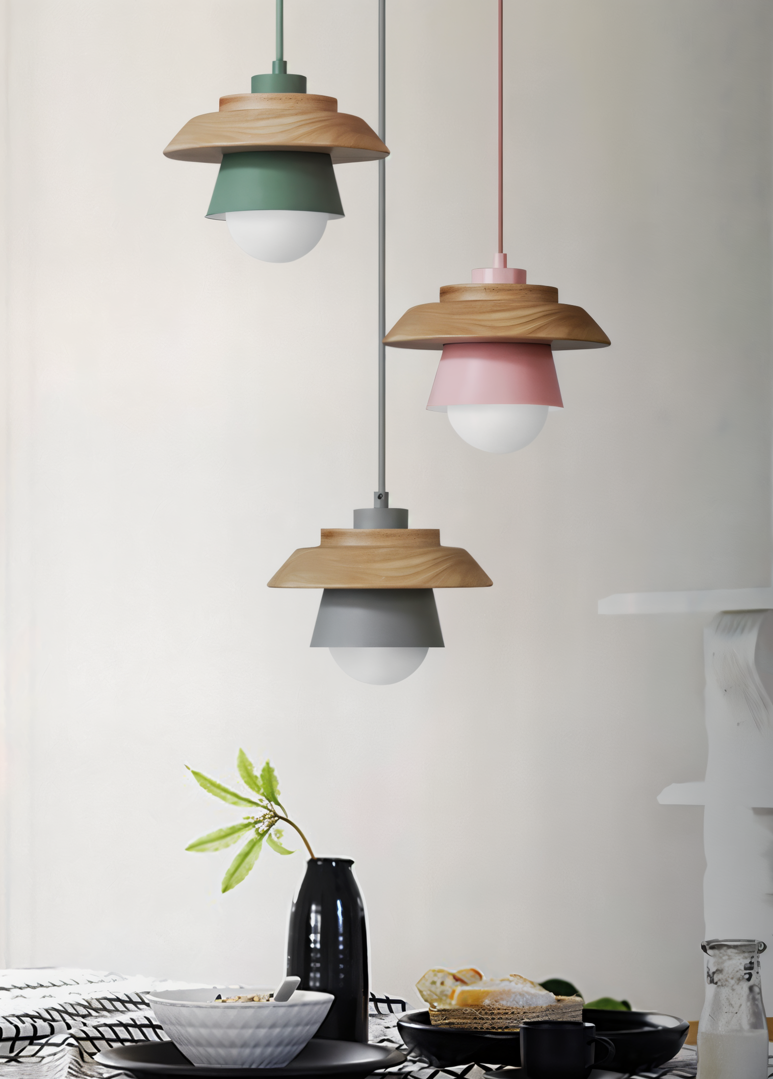Hængende lagdelt loftslampe med træskærm