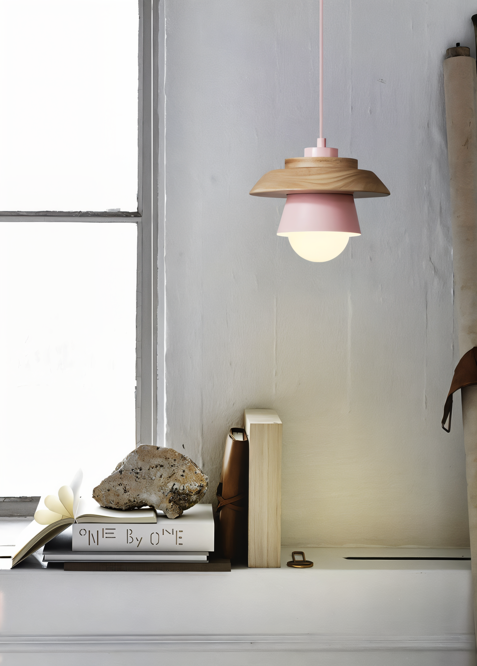 Hængende lagdelt loftslampe med træskærm