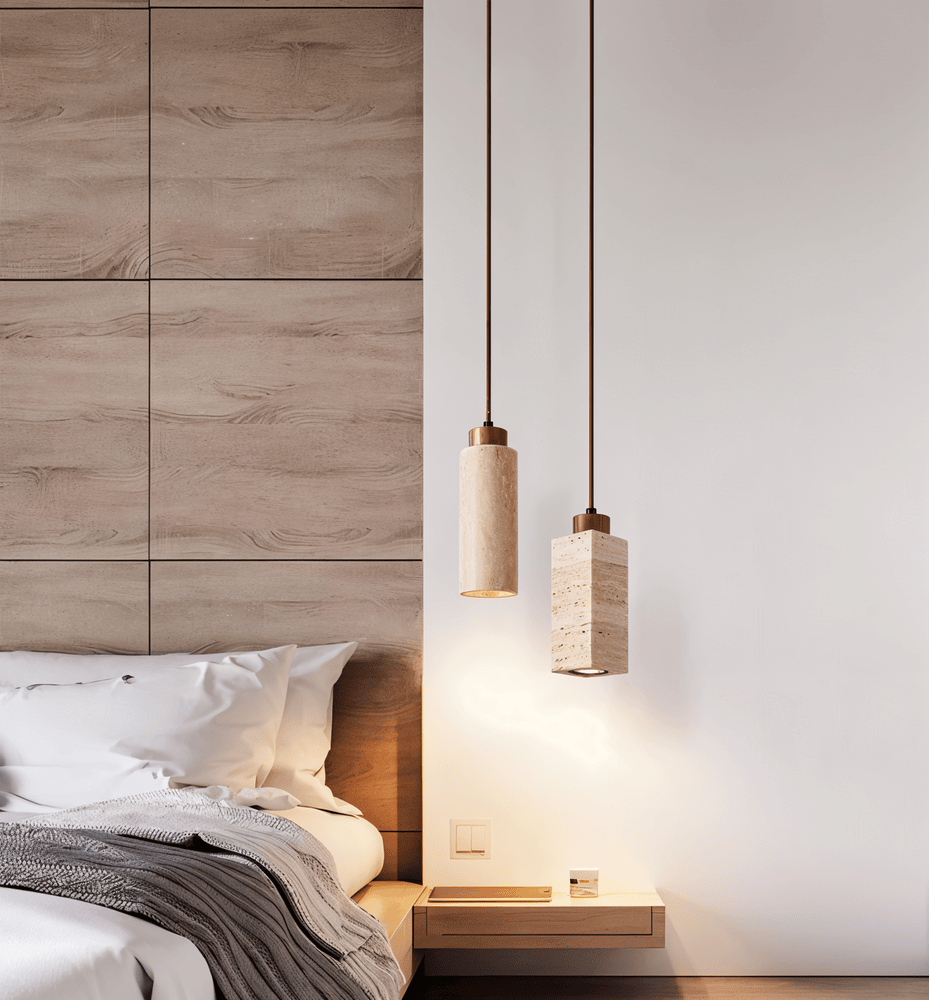 Hængende marmorpendellampe i natursten med downlight