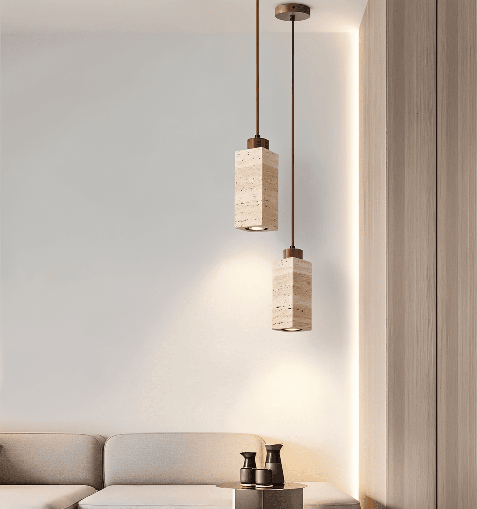 Hængende marmorpendellampe i natursten med downlight