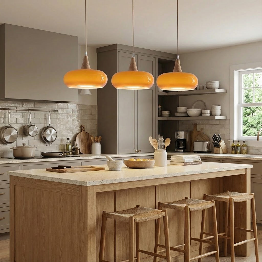 Glass Pendant Light with Wood Accent Bulbs Included for Kitchen Island