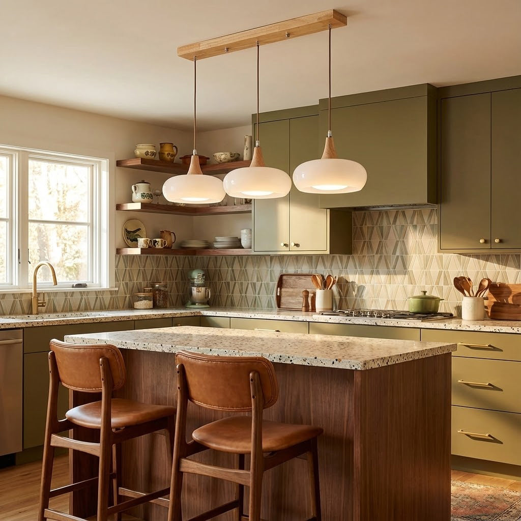 Glass Pendant Light with Wood Accent Bulbs Included for Kitchen Island