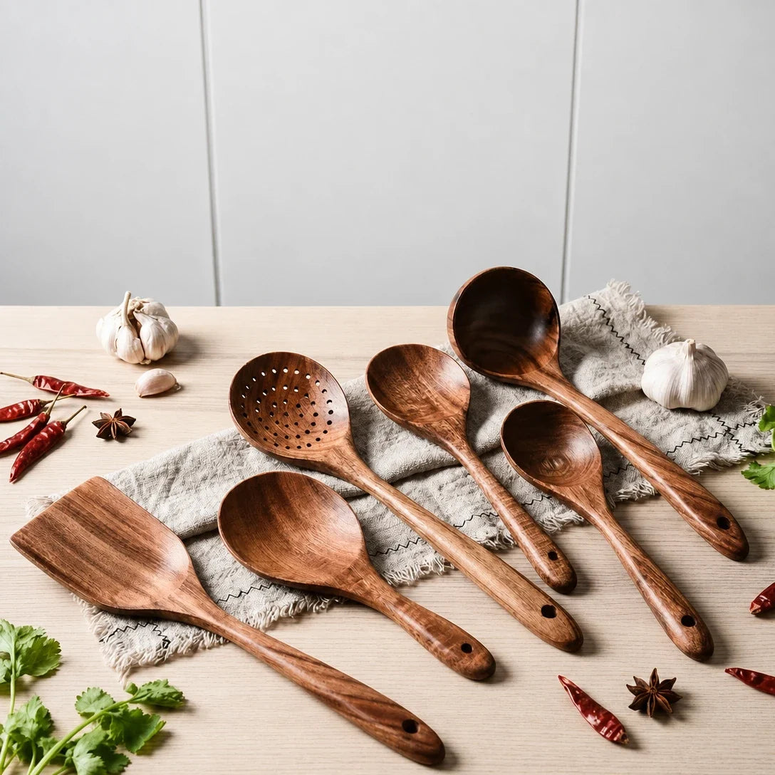 Teak Wood Kitchen Utensil Set for Nonstick Cookware