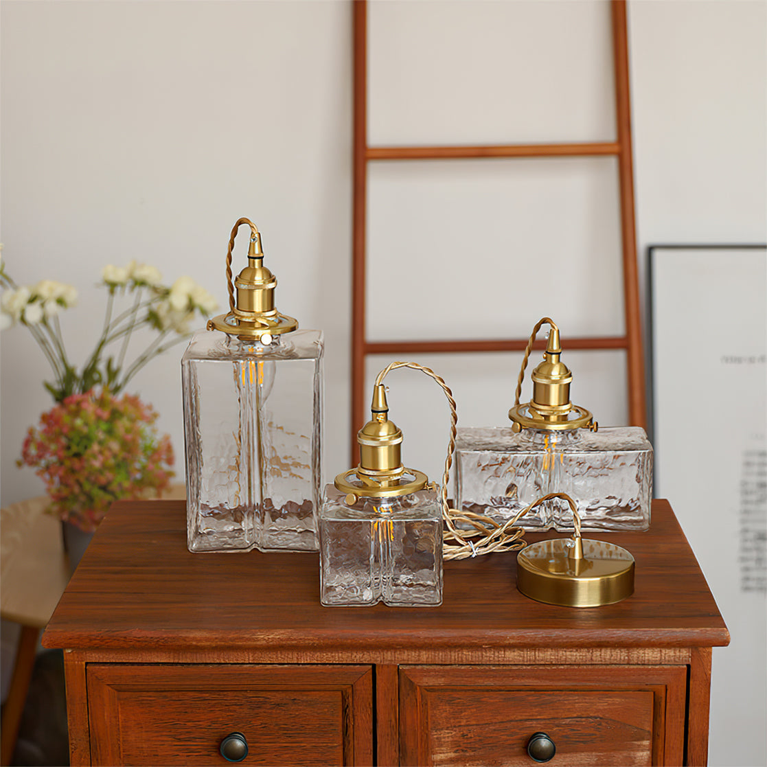 Hammered Glass Pendant Light Brass Frame Cluster Ready Kitchen Island