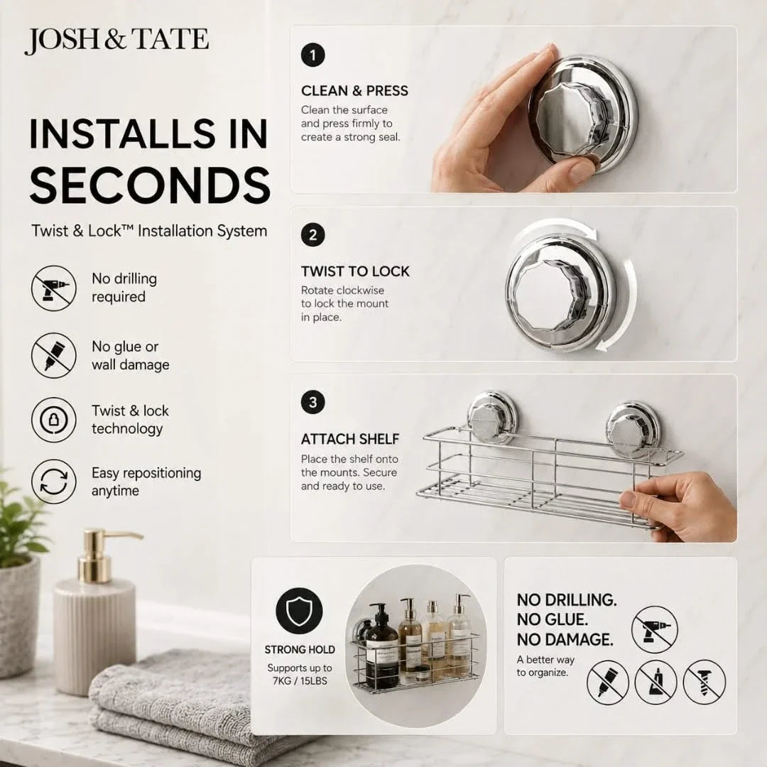 Suction Shower Caddy Basket Twist-Lock Stainless Steel