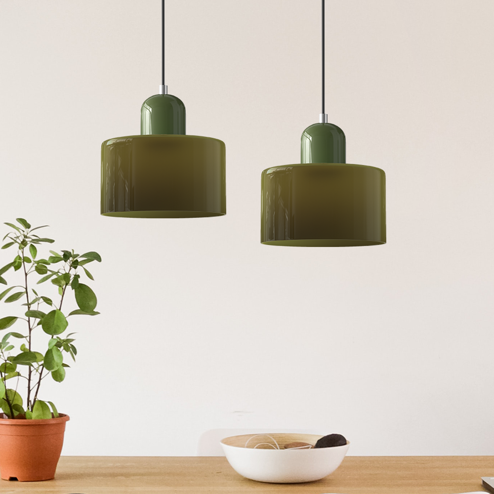 Loftslampe med cylinderformet glasskærm og kuppelformet top