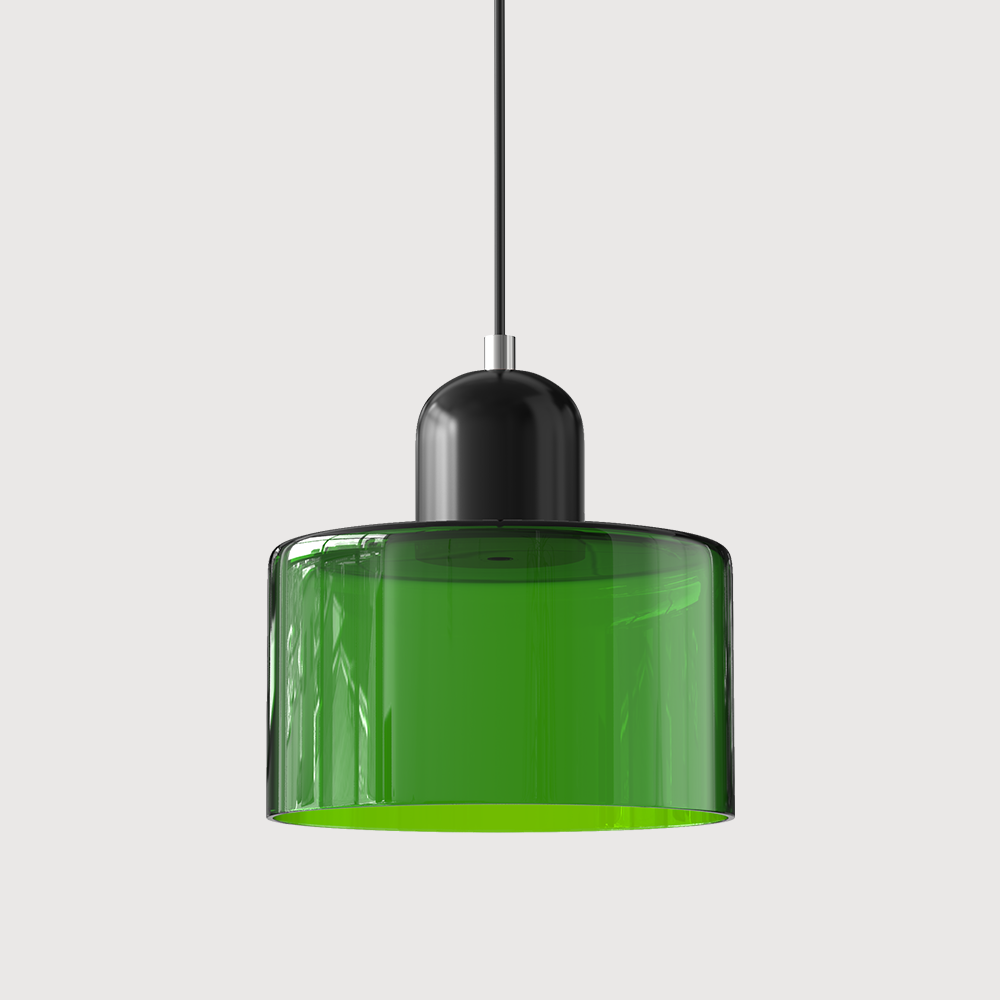 Loftslampe med cylinderformet glasskærm og kuppelformet top