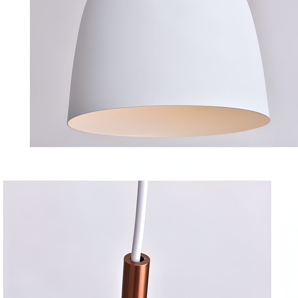 Loftslampe med forskelligt formede matskærme og trædetaljer