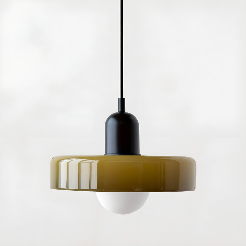 Loftslampe med pendel flad glasskærm med kuglepære