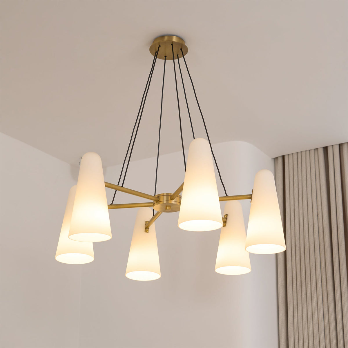 Brass Chandelier with White Glass Shades Candelabra Base Dining Room