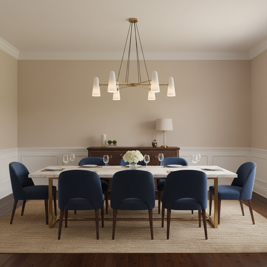 Brass Chandelier with White Glass Shades Candelabra Base Dining Room