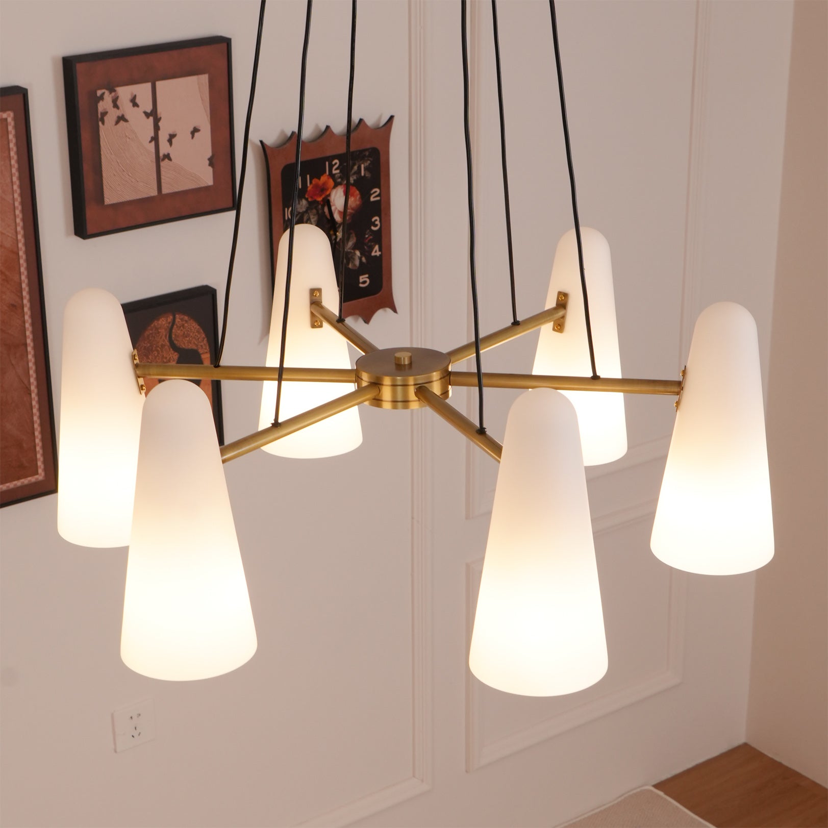 Brass Chandelier with White Glass Shades Candelabra Base Dining Room