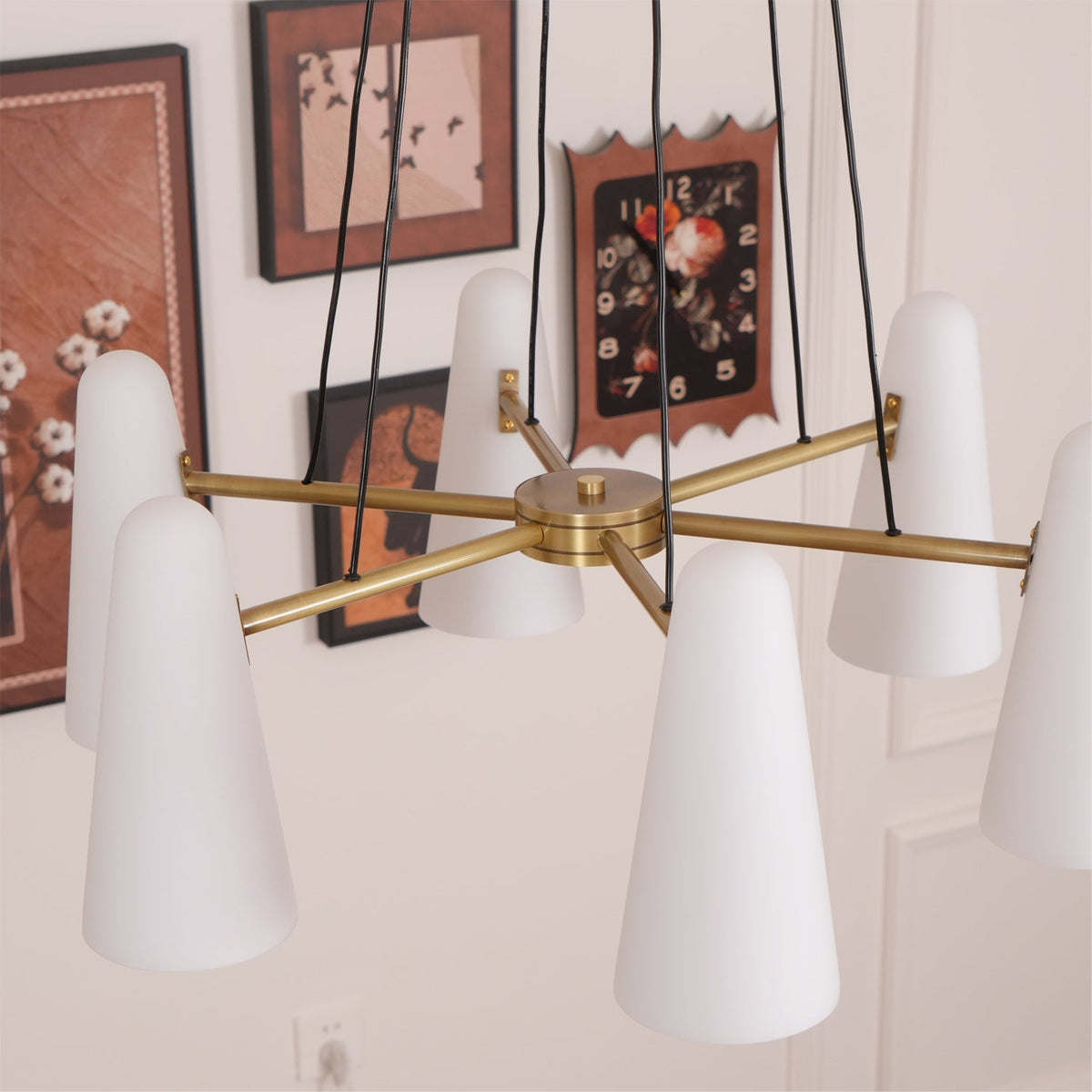 Brass Chandelier with White Glass Shades Candelabra Base Dining Room