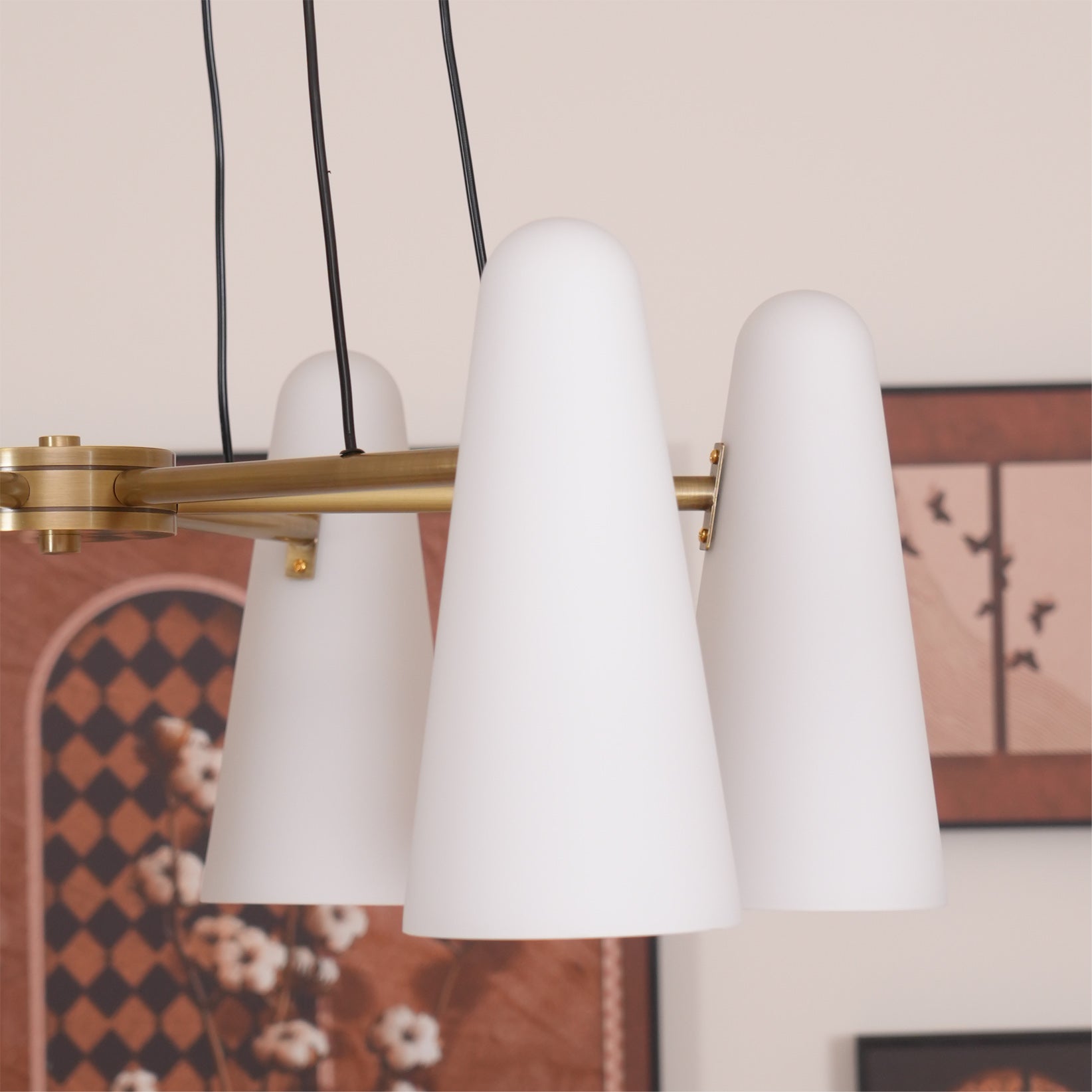 Brass Chandelier with White Glass Shades Candelabra Base Dining Room